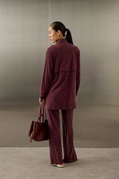 Seul Beli Kuşaklı Örme Rayon Eşofman Pantolonlu Takım MÜRDÜM