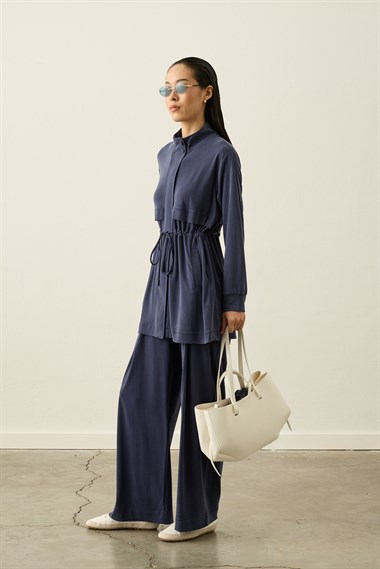 Seul Beli Kuşaklı Örme Rayon Eşofman Pantolonlu Takım LACİVERT