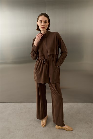 Seul Beli Kuşaklı Örme Rayon Eşofman Pantolonlu Takım KAHVERENGİ