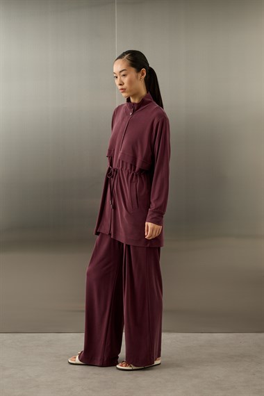 Seul Beli Kuşaklı Örme Rayon Eşofman Pantolonlu Takım MÜRDÜM