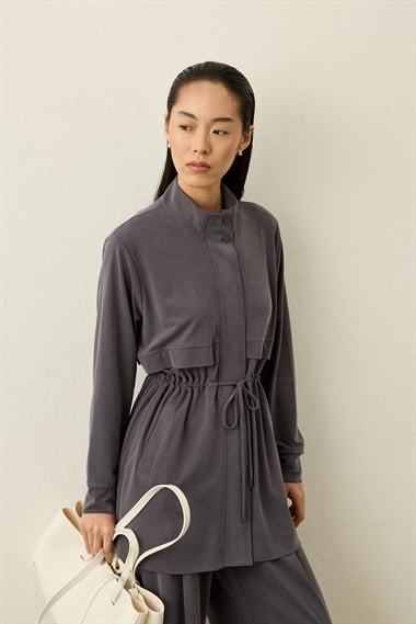 Seul Beli Kuşaklı Örme Rayon Eşofman Pantolonlu Takım GRİ