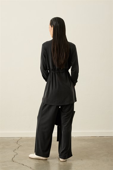 Seul Beli Kuşaklı Örme Rayon Eşofman Pantolonlu Takım SİYAH