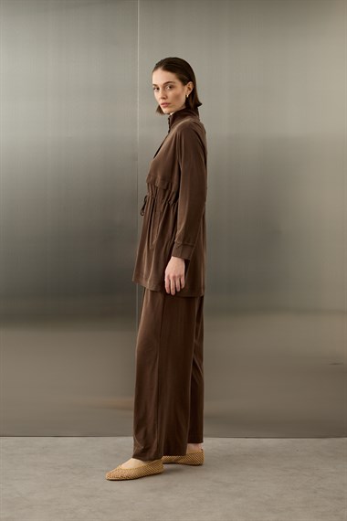 Seul Beli Kuşaklı Örme Rayon Eşofman Pantolonlu Takım KAHVERENGİ