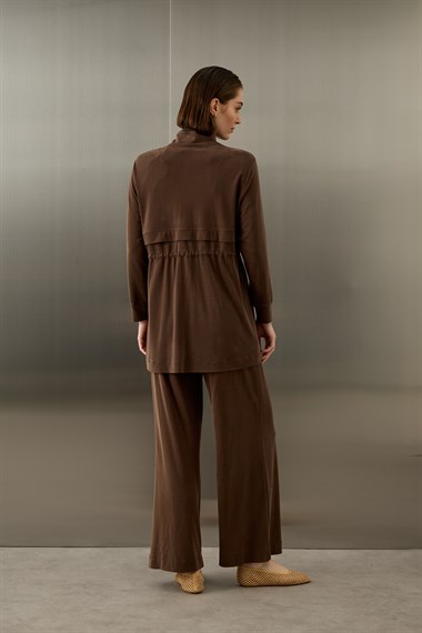 Seul Beli Kuşaklı Örme Rayon Eşofman Pantolonlu Takım KAHVERENGİ
