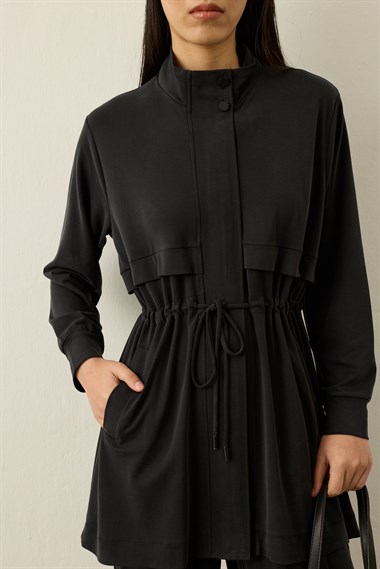 Seul Beli Kuşaklı Örme Rayon Eşofman Pantolonlu Takım SİYAH