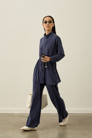 Seul Beli Kuşaklı Örme Rayon Eşofman Pantolonlu Takım LACİVERT