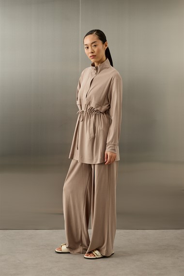 Seul Beli Kuşaklı Örme Rayon Eşofman Pantolonlu Takım VİZON