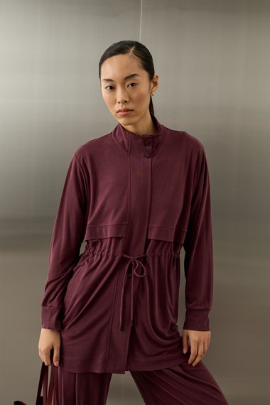 Seul Beli Kuşaklı Örme Rayon Eşofman Pantolonlu Takım MÜRDÜM