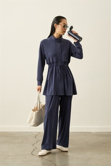 Seul Beli Kuşaklı Örme Rayon Eşofman Pantolonlu Takım LACİVERT