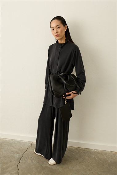 Seul Beli Kuşaklı Örme Rayon Eşofman Pantolonlu Takım SİYAH