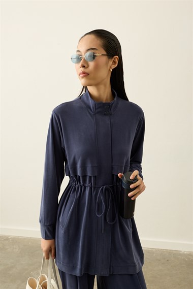 Seul Beli Kuşaklı Örme Rayon Eşofman Pantolonlu Takım LACİVERT