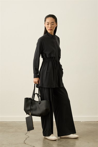 Seul Beli Kuşaklı Örme Rayon Eşofman Pantolonlu Takım SİYAH