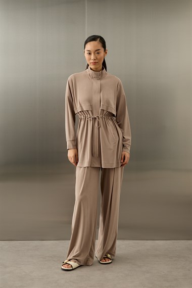 Seul Beli Kuşaklı Örme Rayon Eşofman Pantolonlu Takım VİZON