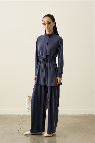 Seul Beli Kuşaklı Örme Rayon Eşofman Pantolonlu Takım LACİVERT