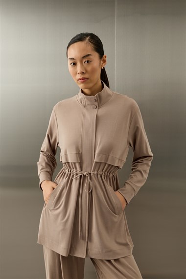 Seul Beli Kuşaklı Örme Rayon Eşofman Pantolonlu Takım VİZON