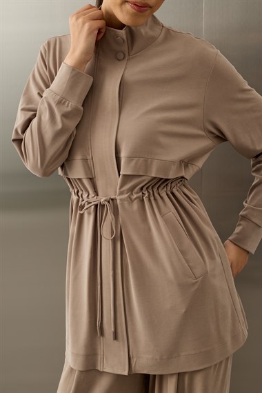 Seul Beli Kuşaklı Örme Rayon Eşofman Pantolonlu Takım VİZON