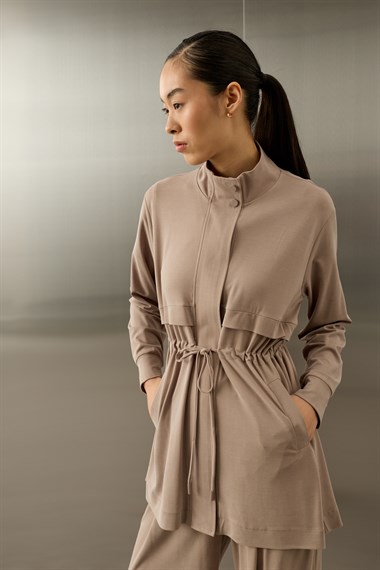 Seul Beli Kuşaklı Örme Rayon Eşofman Pantolonlu Takım VİZON