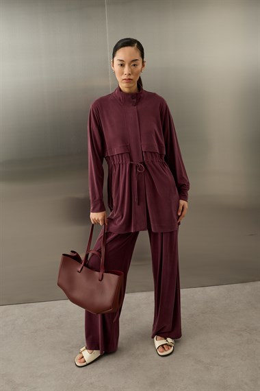 Seul Beli Kuşaklı Örme Rayon Eşofman Pantolonlu Takım MÜRDÜM