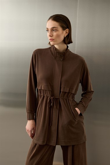 Seul Beli Kuşaklı Örme Rayon Eşofman Pantolonlu Takım KAHVERENGİ