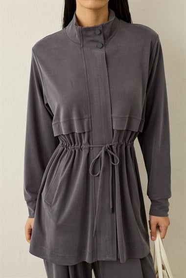 Seul Beli Kuşaklı Örme Rayon Eşofman Pantolonlu Takım GRİ