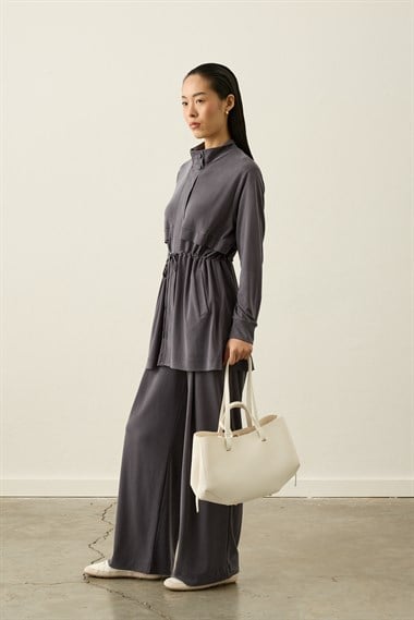 Seul Beli Kuşaklı Örme Rayon Eşofman Pantolonlu Takım GRİ