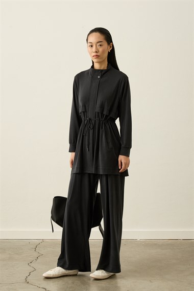 Seul Beli Kuşaklı Örme Rayon Eşofman Pantolonlu Takım SİYAH