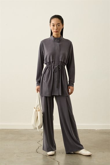 Seul Beli Kuşaklı Örme Rayon Eşofman Pantolonlu Takım GRİ