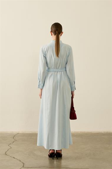 Sevi Hakim Yaka Kemeri Lastikli Modal Elbise MAVİ