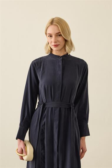 Sevi Hakim Yaka Kemeri Lastikli Modal Elbise LACİVERT