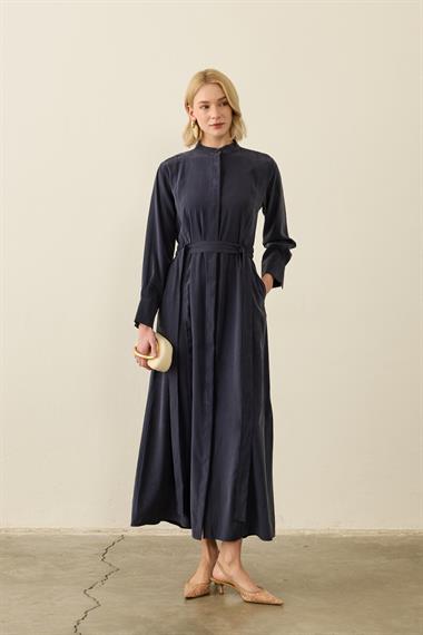 Sevi Hakim Yaka Kemeri Lastikli Modal Elbise LACİVERT