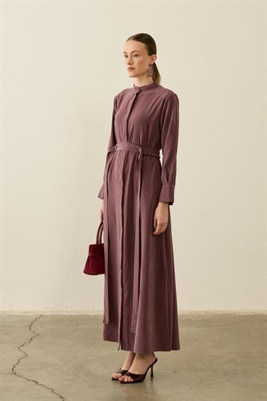 Sevi Hakim Yaka Kemeri Lastikli Modal Elbise MÜRDÜM