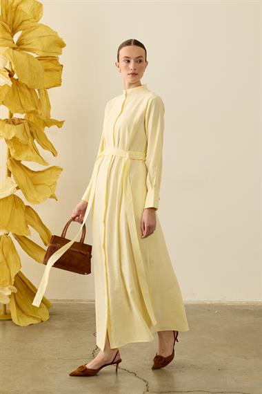 Sevi Hakim Yaka Kemeri Lastikli Modal Elbise SARI