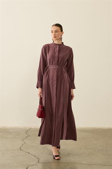 Sevi Hakim Yaka Kemeri Lastikli Modal Elbise MÜRDÜM