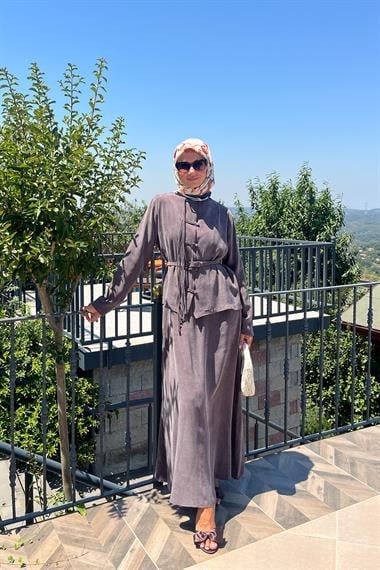 Sofia Sosis Biyeli İçlik Elbiseli Takım KAHVERENGİ