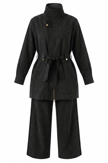 Sortie Yandan Fermuarlı Floş Lyocell Pantolonlu Takım SİYAH