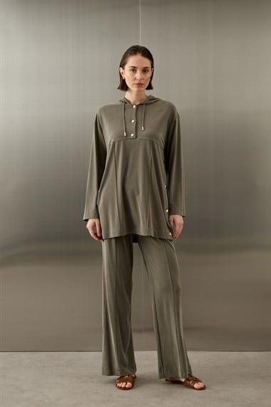 Stone Örme Rayon Eşofman Pantolonlu Takım HAKİ