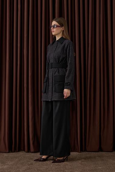 Tale Fermuarlı Garnili Pantolonlu Takım SİYAH