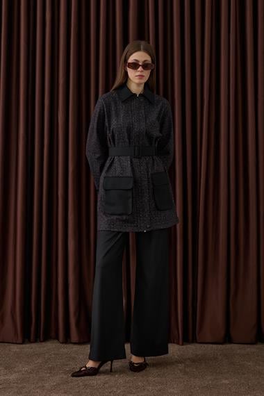 Tale Fermuarlı Garnili Pantolonlu Takım SİYAH