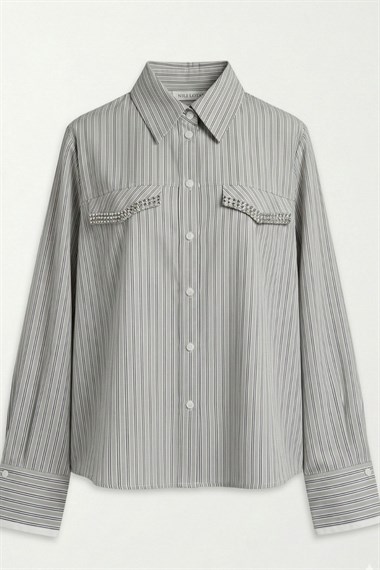 Tina Taşlı Düğmeli Çizgili Pamuklu Gömlek GRİ
