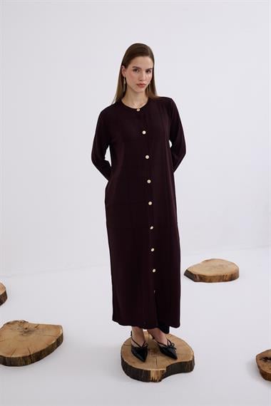 Violet Gold Düğmeli Uzun Triko Hırka KAHVERENGİ