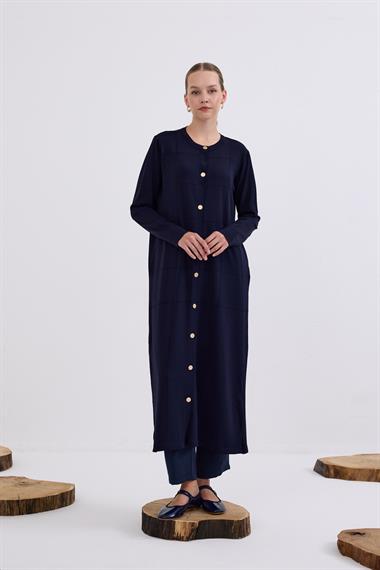 Violet Gold Düğmeli Uzun Triko Hırka LACİVERT