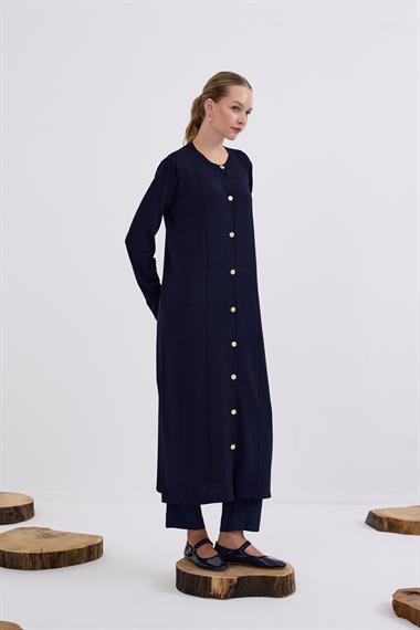 Violet Gold Düğmeli Uzun Triko Hırka LACİVERT