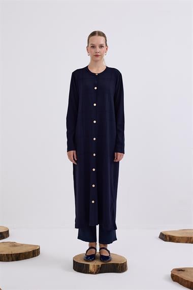 Violet Gold Düğmeli Uzun Triko Hırka LACİVERT