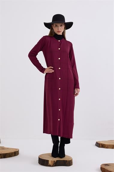 Violet Gold Düğmeli Uzun Triko Hırka MÜRDÜM