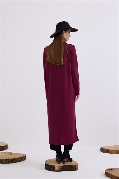 Violet Gold Düğmeli Uzun Triko Hırka MÜRDÜM