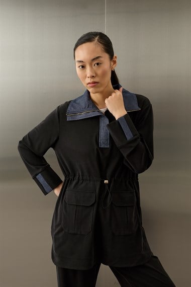 Yuki Kot Garnili Fermuarlı Tencel Pantolonlu Takım SİYAH