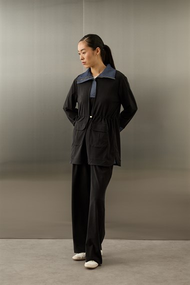 Yuki Kot Garnili Fermuarlı Tencel Pantolonlu Takım SİYAH