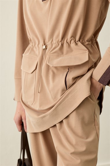 Yuki Kot Garnili Fermuarlı Tencel Pantolonlu Takım BEJ
