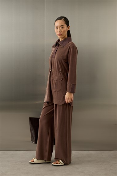 Yuki Kot Garnili Fermuarlı Tencel Pantolonlu Takım KAHVERENGİ
