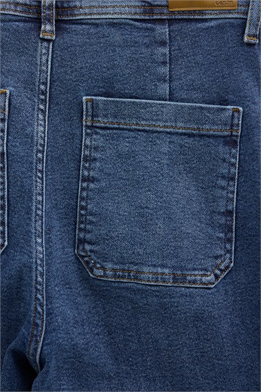 Yüksek Bel Önü Cep Detaylı Likralı Straight Jean Pantolon KOYU MAVİ
